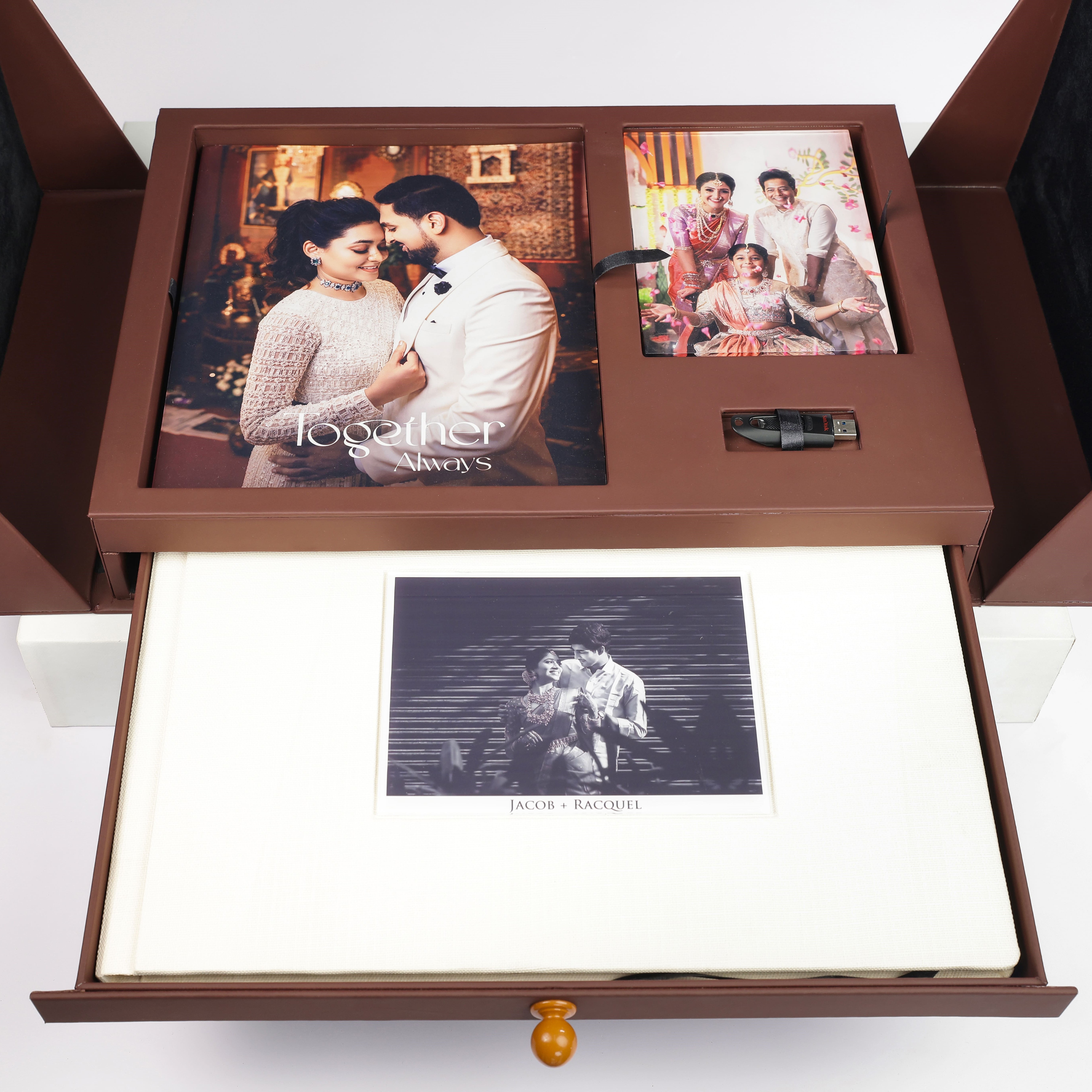 A wedding photo album with a textured cover